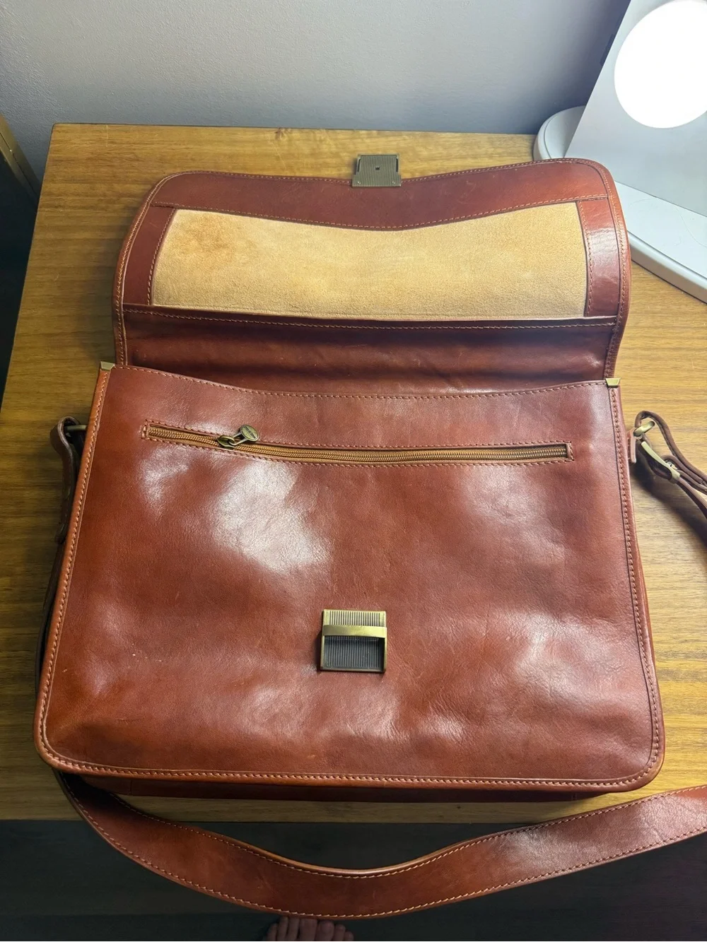 Italian Leather Briefcase, Made In Italy, Cognac Brown Messenger Bag